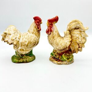 Vintage Ceramic Rooster Figurines Pair Drip Glaze Brown Green Base 4.75"‎